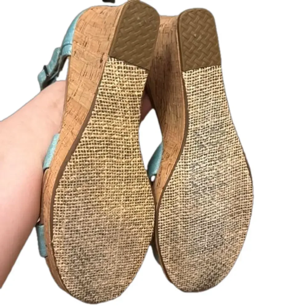 TOMS Shimmery Aqua Strappy Platform Cork Wedge Heels - Size 9.5